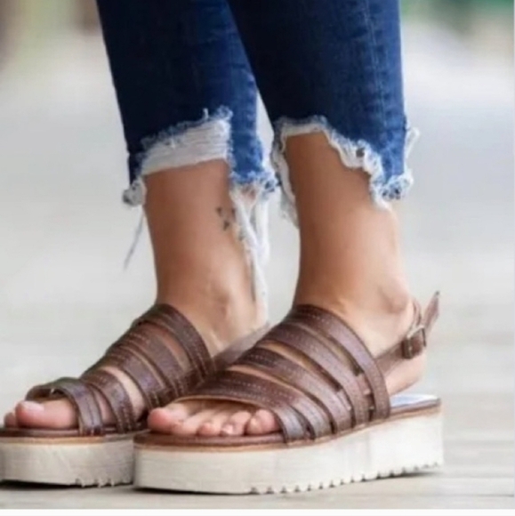 Bed Stu Women Ensley Rustic Streppy Brown Platform Lrather Sandals Shoes Sz 7.5 - Picture 1 of 11
